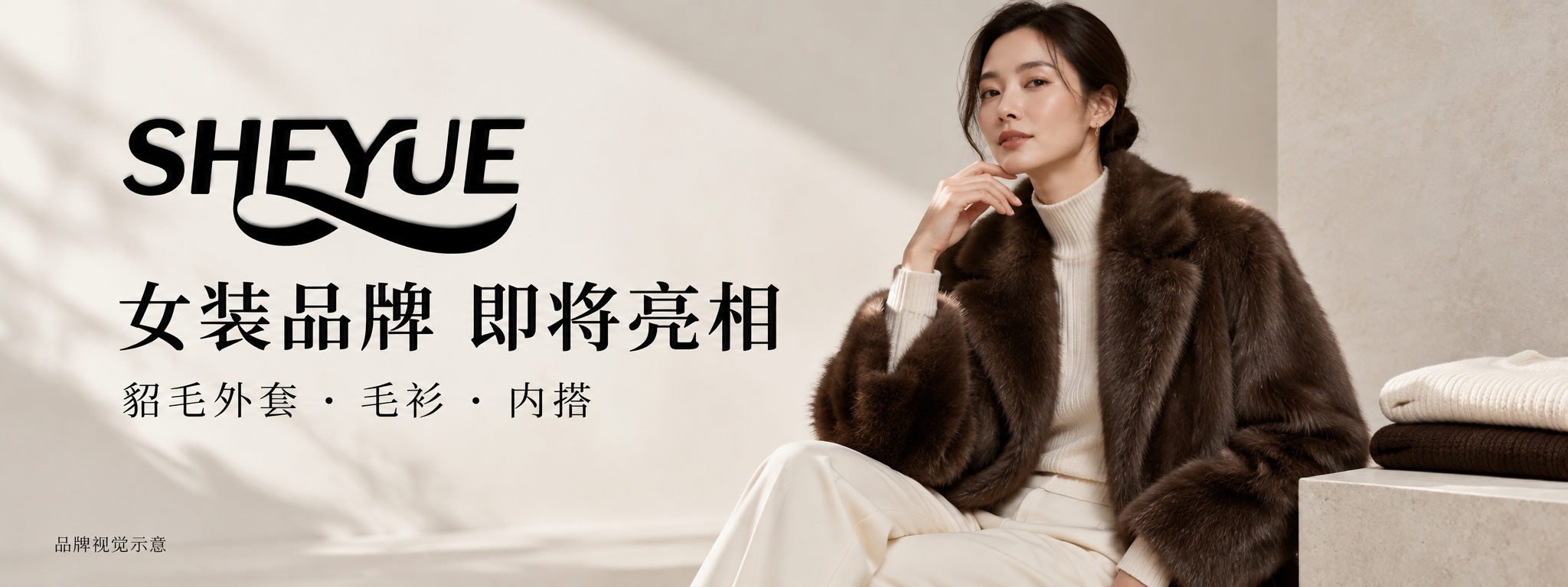 SHEYUE 女装品牌即将亮相。貂毛外套 · 毛衫 · 内搭。品牌视觉示意。